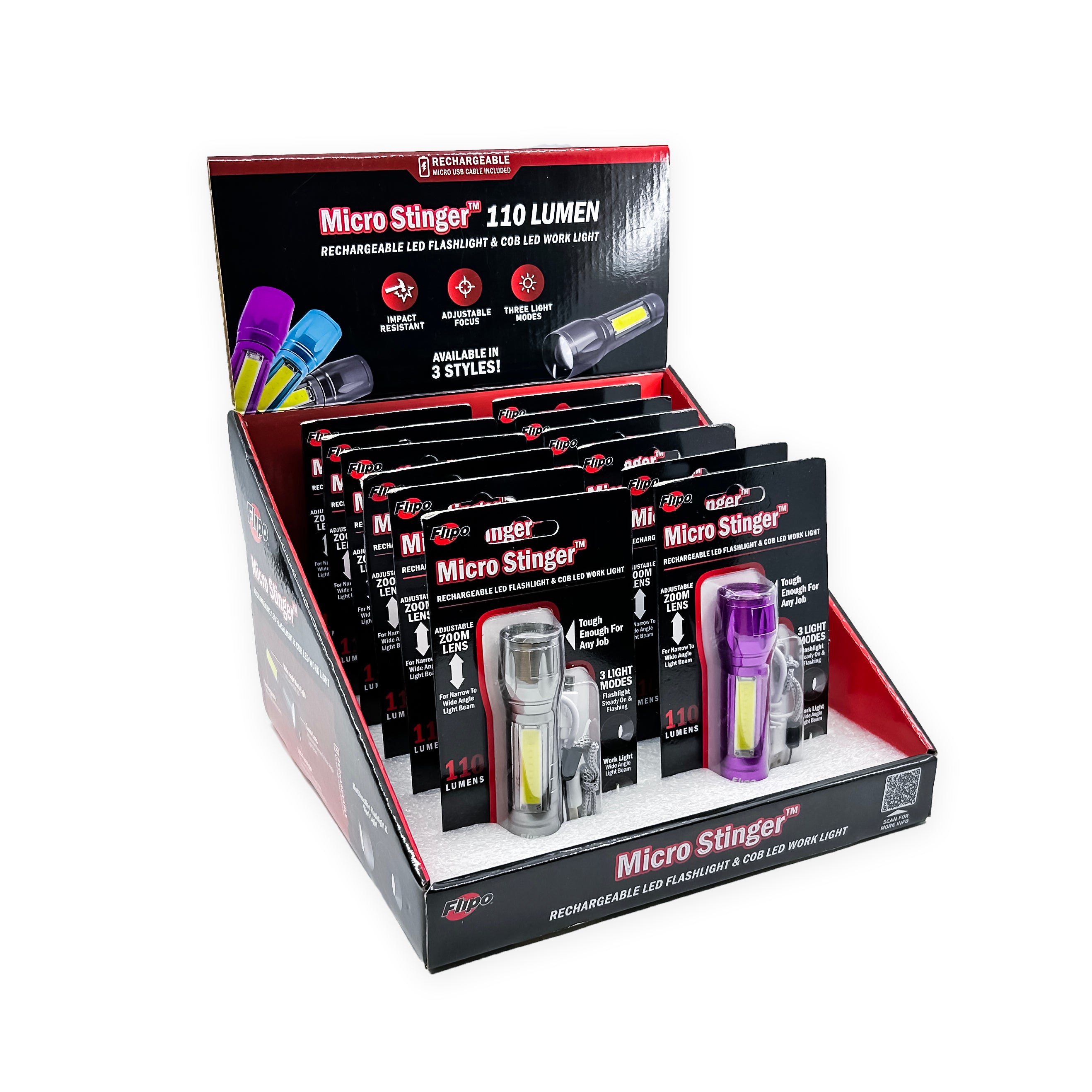 Micro Stinger Rechargeable LED Flashlight & COB LED Work Light | Multi Style 12-Piece Display