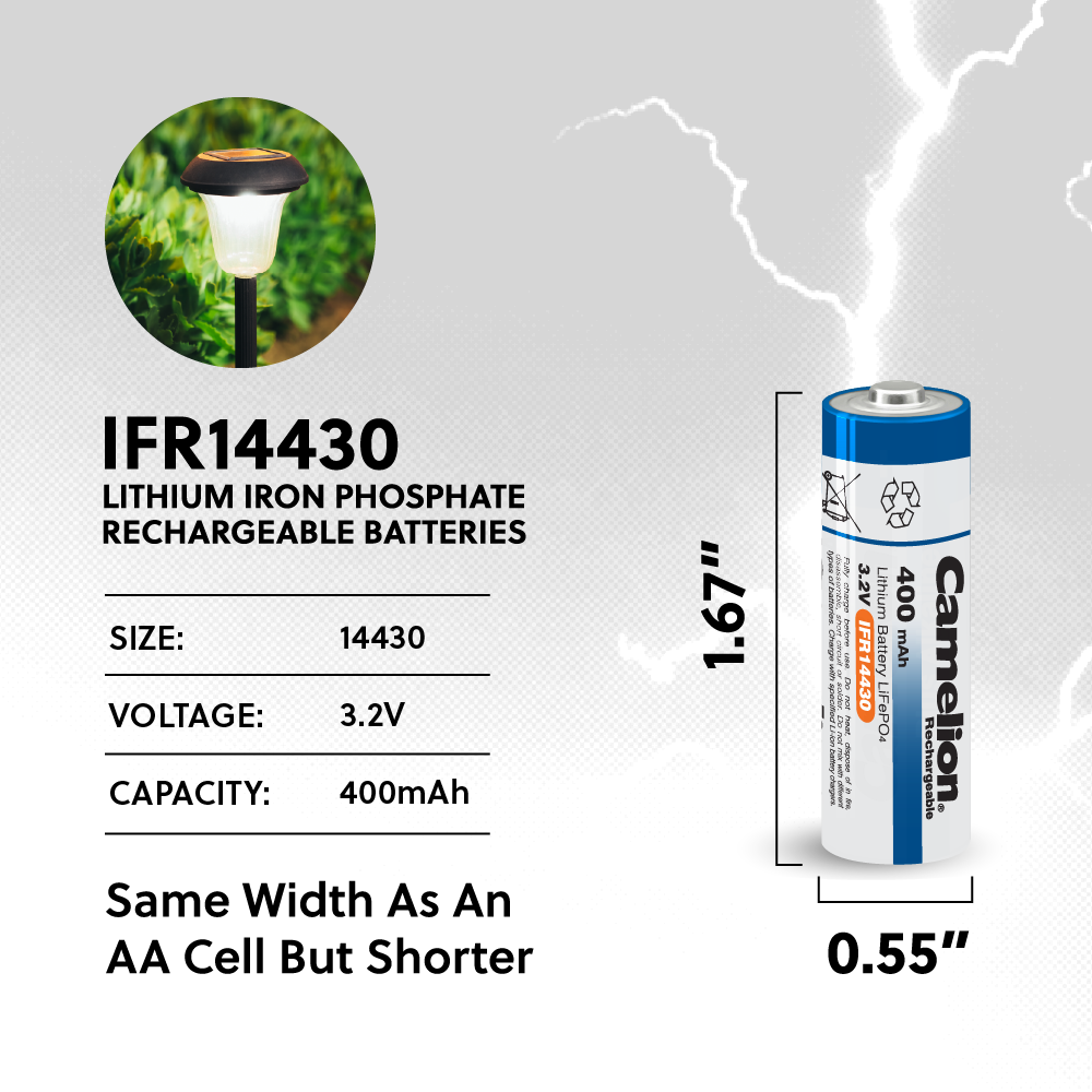 Camelion IFR14430 Lithium Iron Phosphate Rechargeable Battery 400mAh Blister Pack Of 4 - For Solar Lights