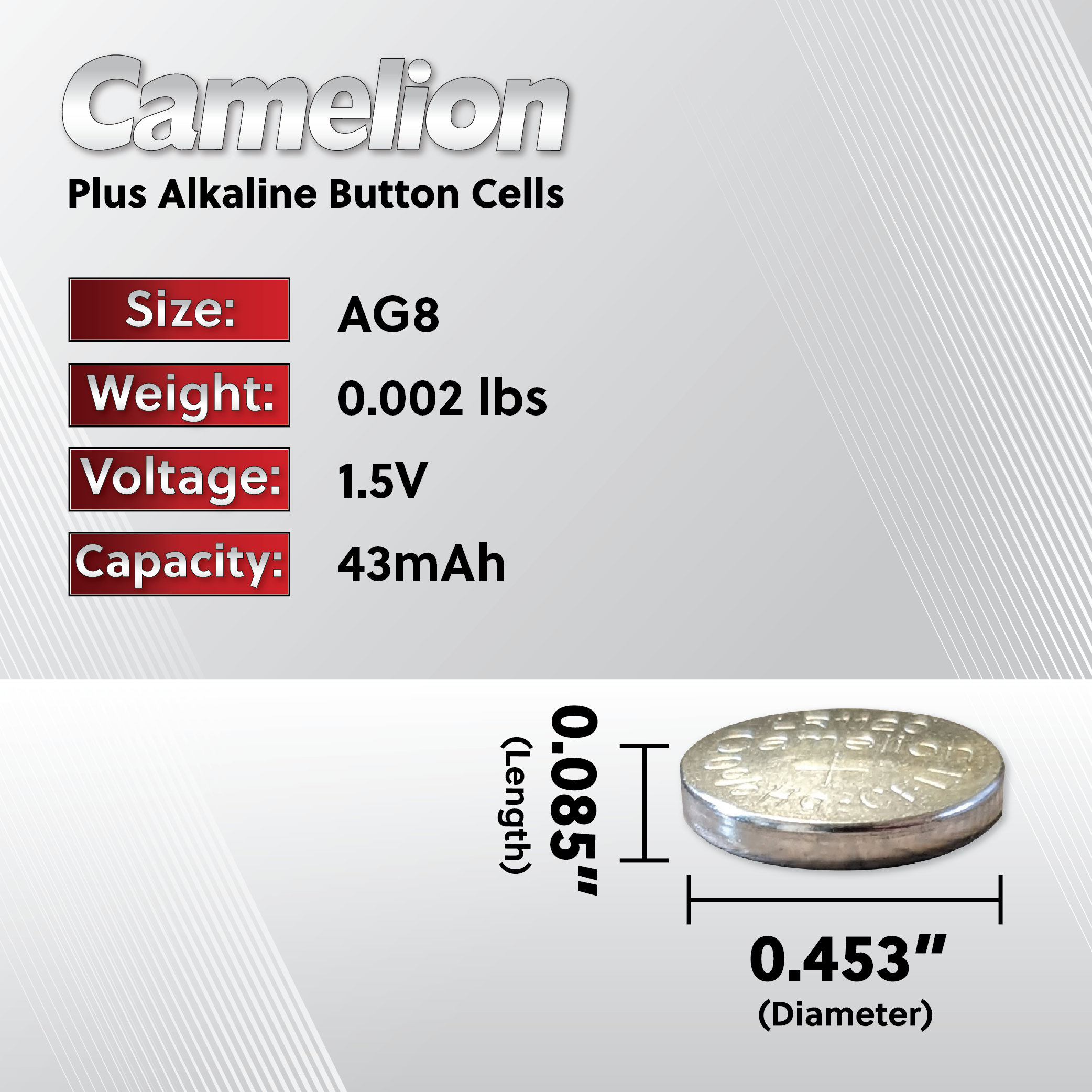 Camelion  AG8 / G8 / LR1121 / LR55 / 191 / SR1120W / GP91A / 391 Alkaline Button Cell Battery (Two Packaging Options)