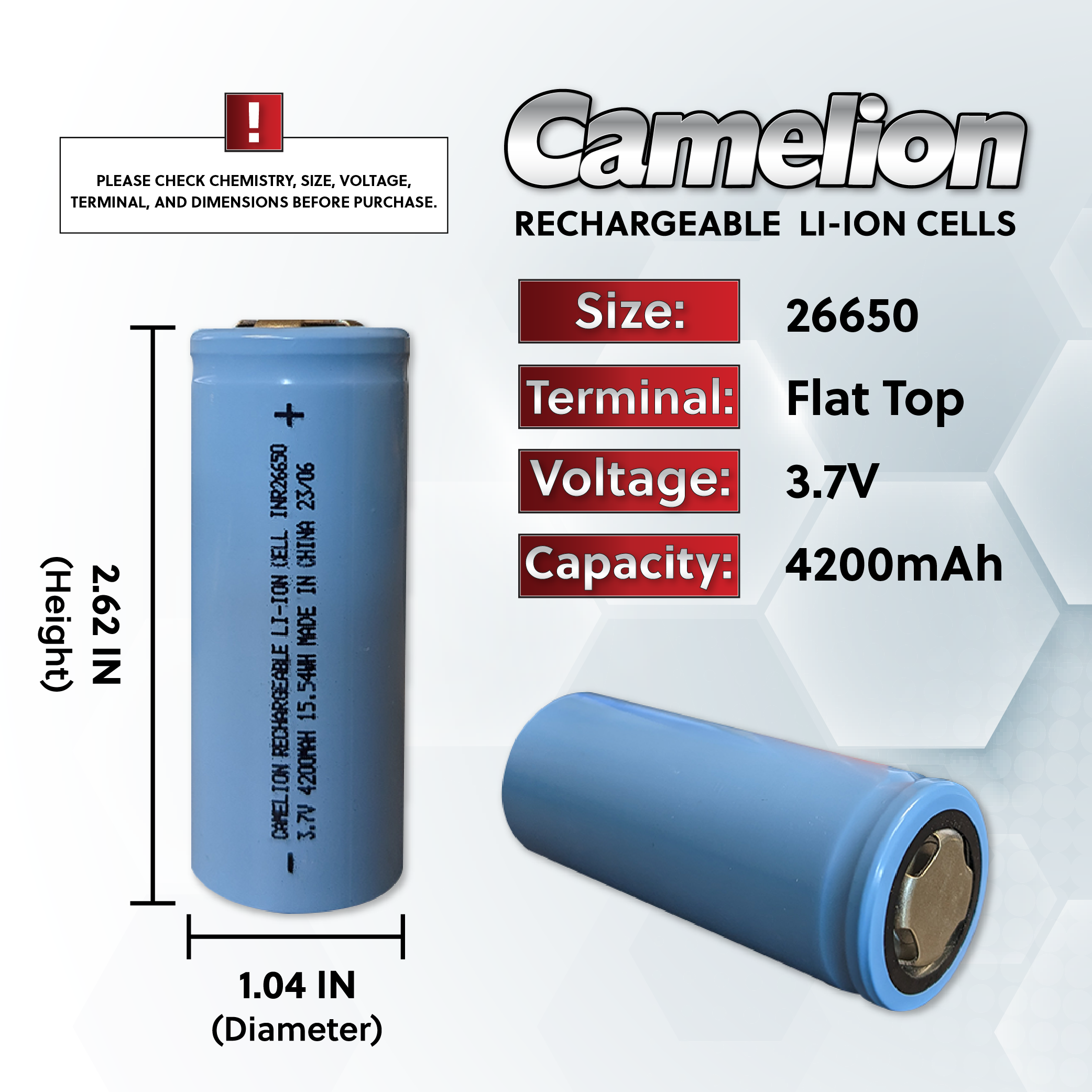 Camelion 26650 4200mAh Li-Ion Cell- Rechargeable