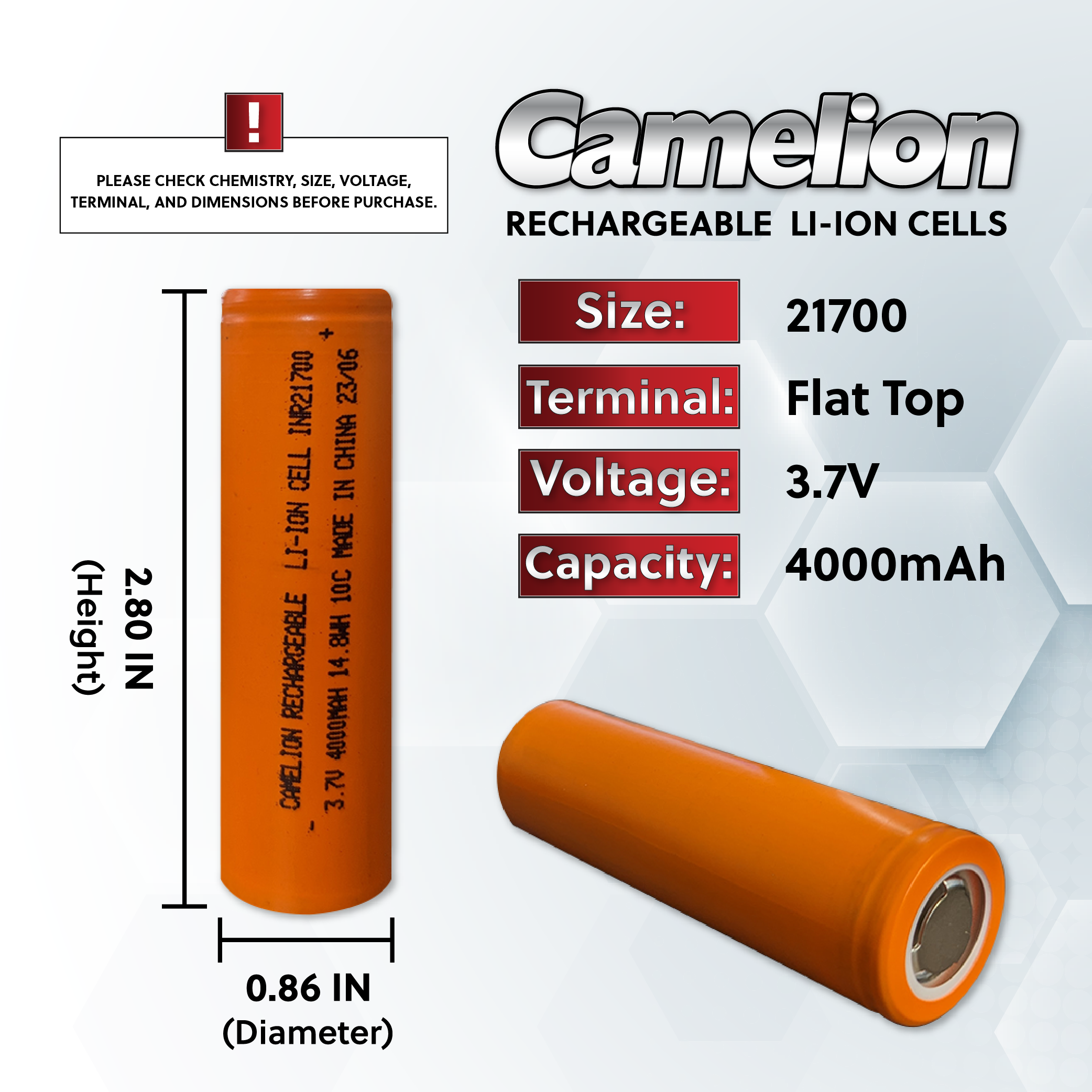 Camelion 21700 4000mAh Li-Ion Protected Cell- Rechargeable