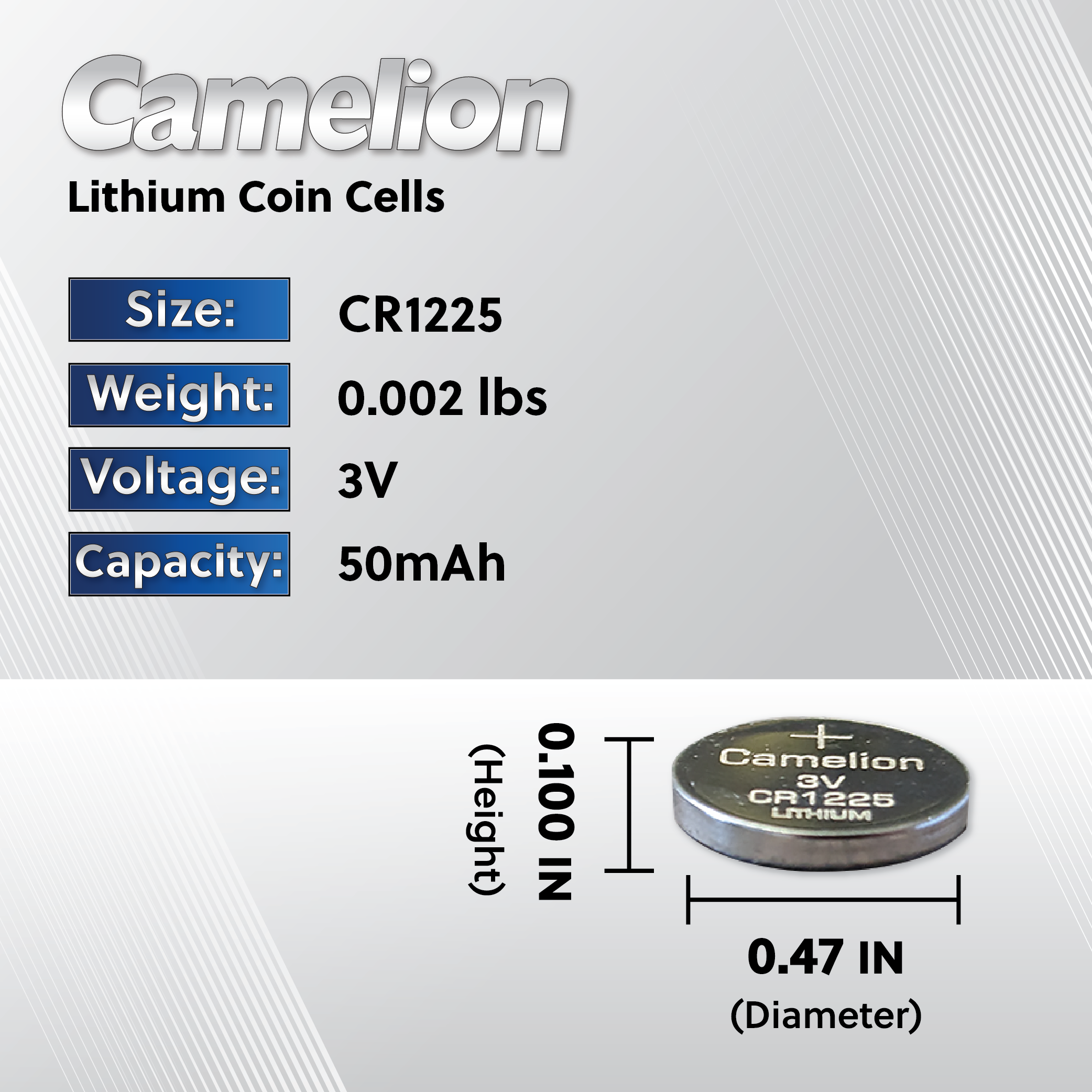 Camelion CR1225 3V Lithium Primary Coin Cell Battery - Non Rechargeable