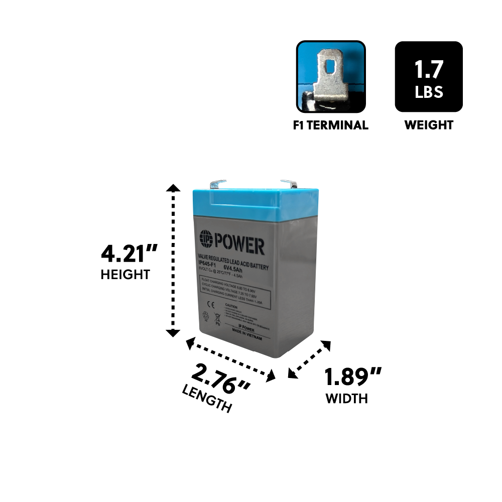 IP Power IP645-F1, 6V 4.5Ah F1 Terminal, Sealed Lead Acid Rechargeable Battery