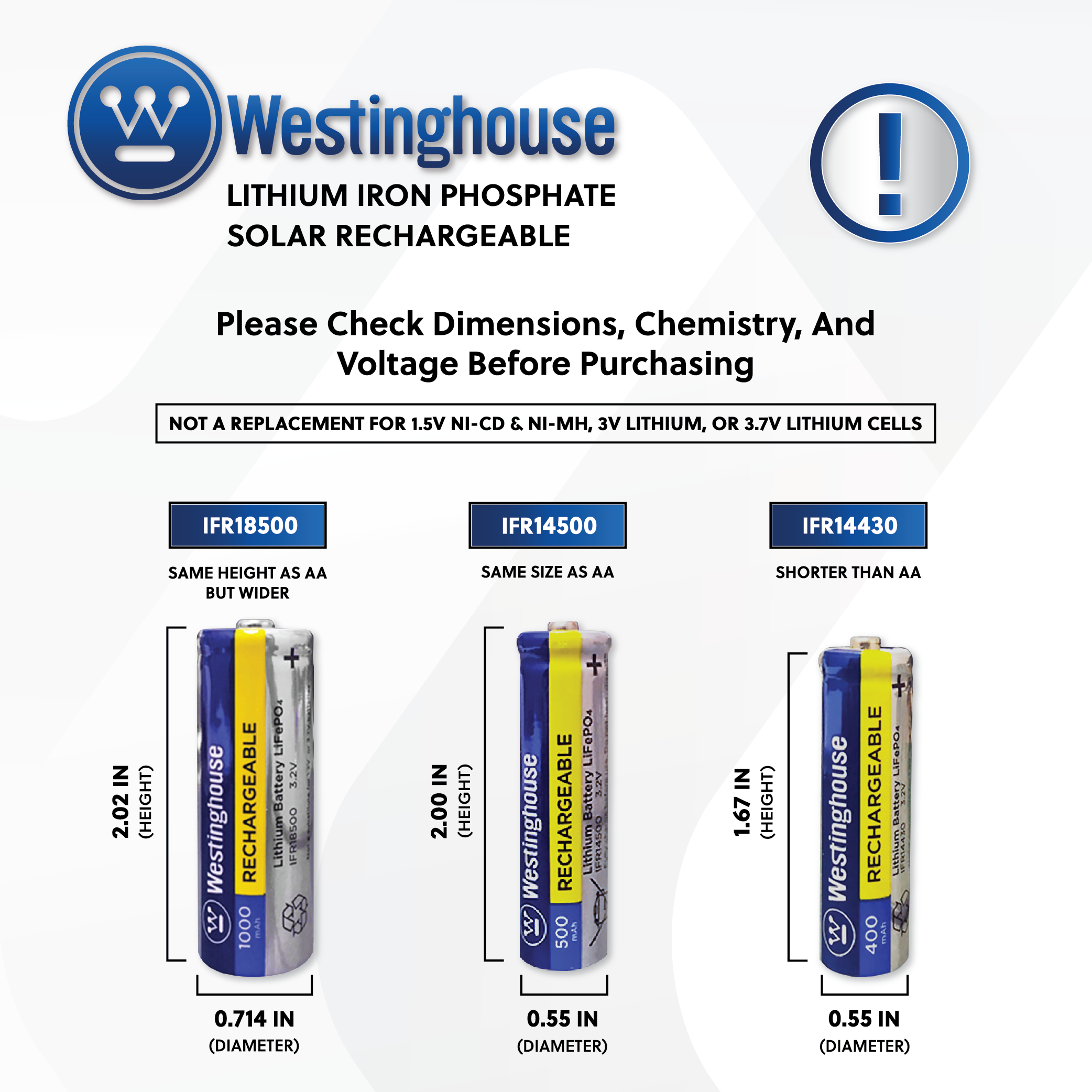 Westinghouse IFR18500 Lithium Iron Phosphate 3.2V 1000mAh Rechargeable Battery Cardboard Box of 8 - For Solar Lights