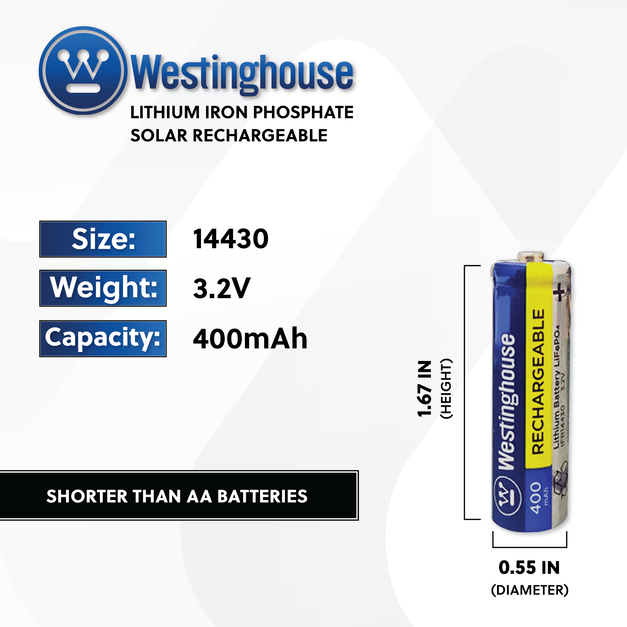 Westinghouse IFR14430 Lithium Iron Phosphate 3.2V 400mAh Rechargeable Battery Cardboard Box of 8 - For Solar Lights