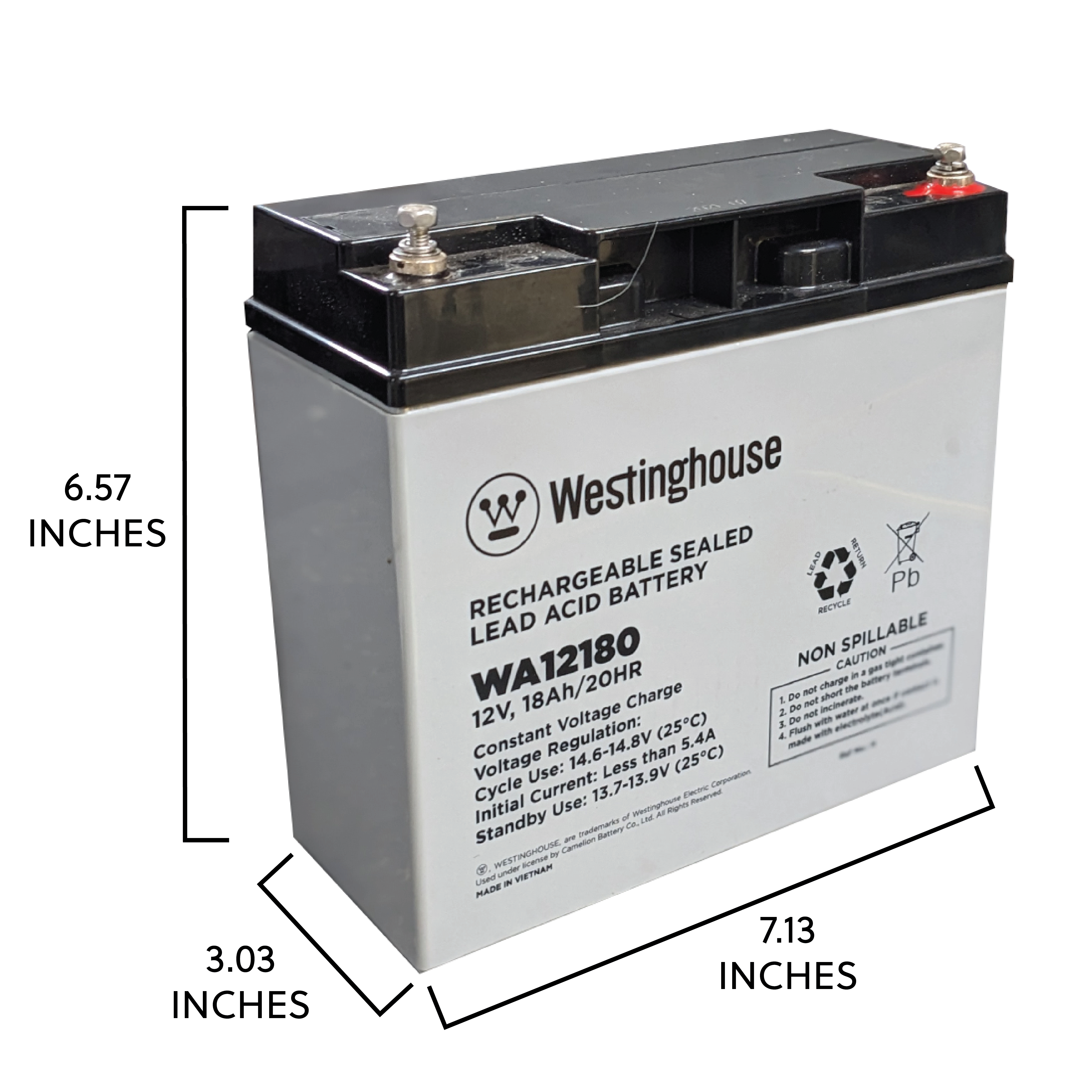 Westinghouse WA12180N-T12,  12V 18Ah T12 Terminal (Internally Threaded) Sealed Lead Acid Rechargeable Battery
