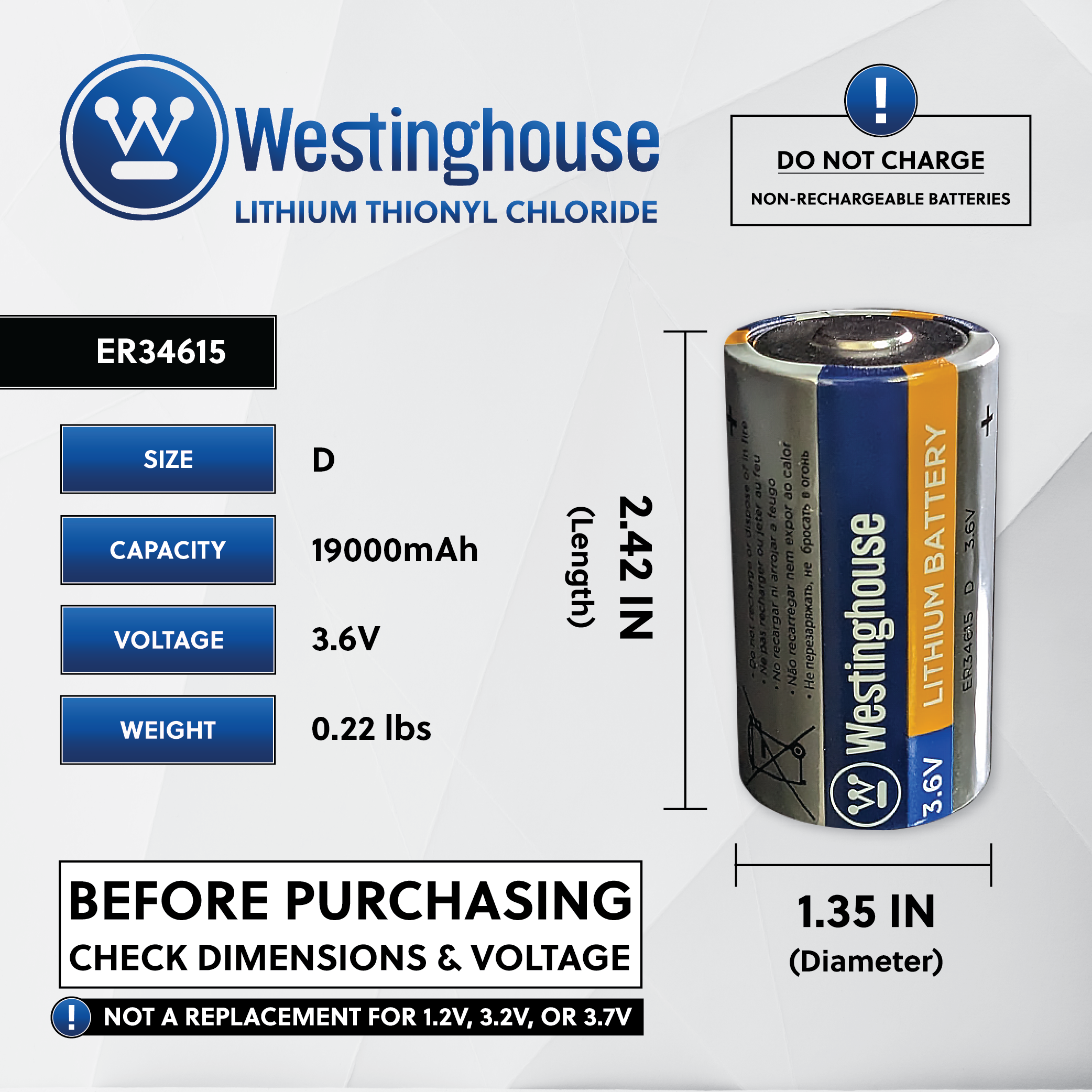 Non-rechargeable lithium battery ER34615 D type 19000mAh 3.6V