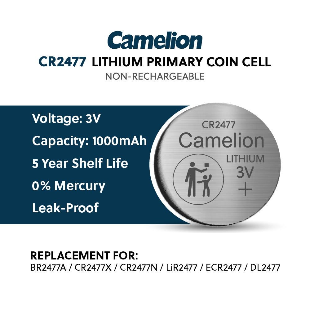 Camelion CR2477 3V Lithium Primary Coin Cell Battery - Non Rechargeable