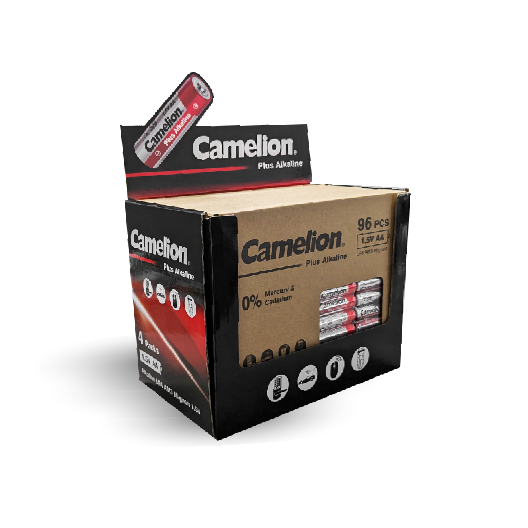 Camelion AA Plus Alkaline 96Pk Cardboard Box Counter Display Of 4