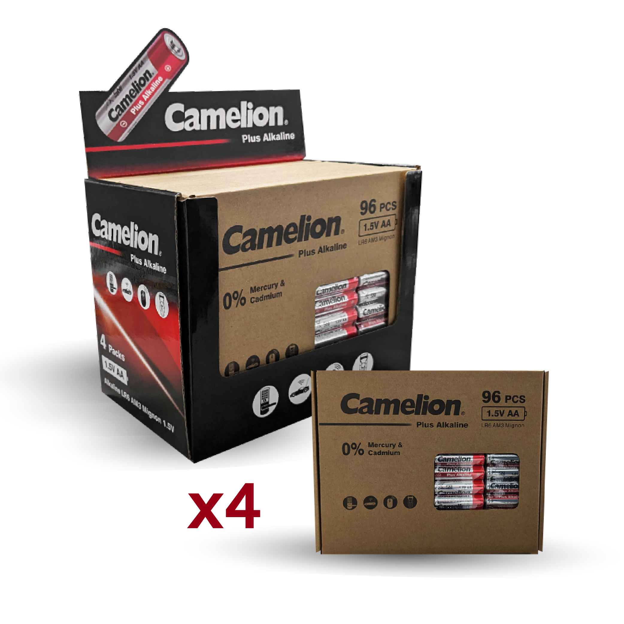 Camelion AA Plus Alkaline 96Pk Cardboard Box Counter Display Of 4