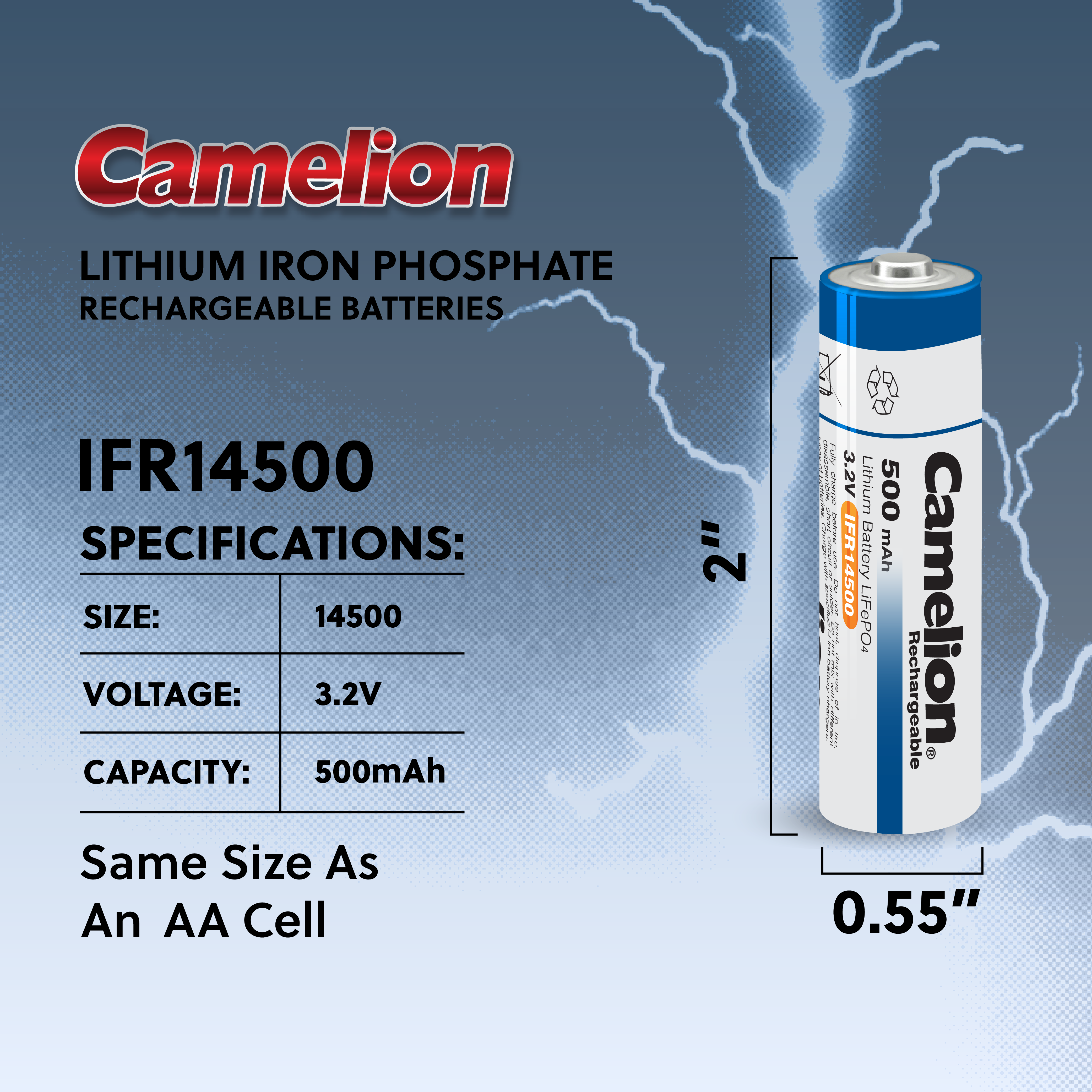 Camelion IFR14500 Lithium Iron Phosphate Rechargeable Battery 500mAh Blister Pack of 4