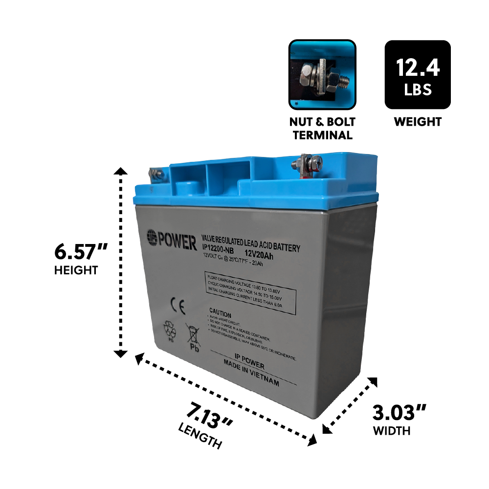 IP POWER IP12200-NB 12V 20Ah Nut & Bolt Terminal, Sealed Lead Acid Rechargeable Battery