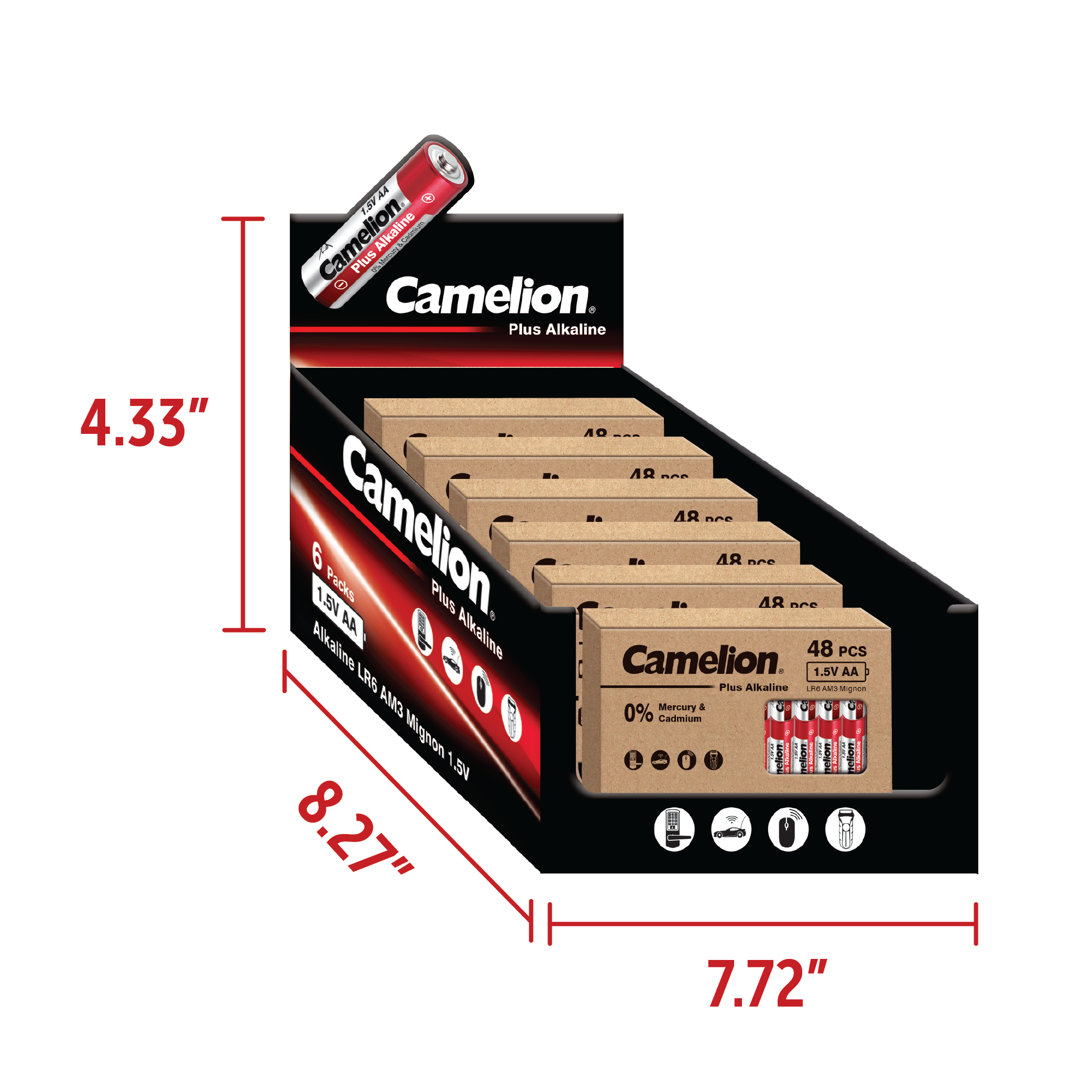 Camelion AA Plus Alkaline 48pk Cardboard Box Counter Display Of 6