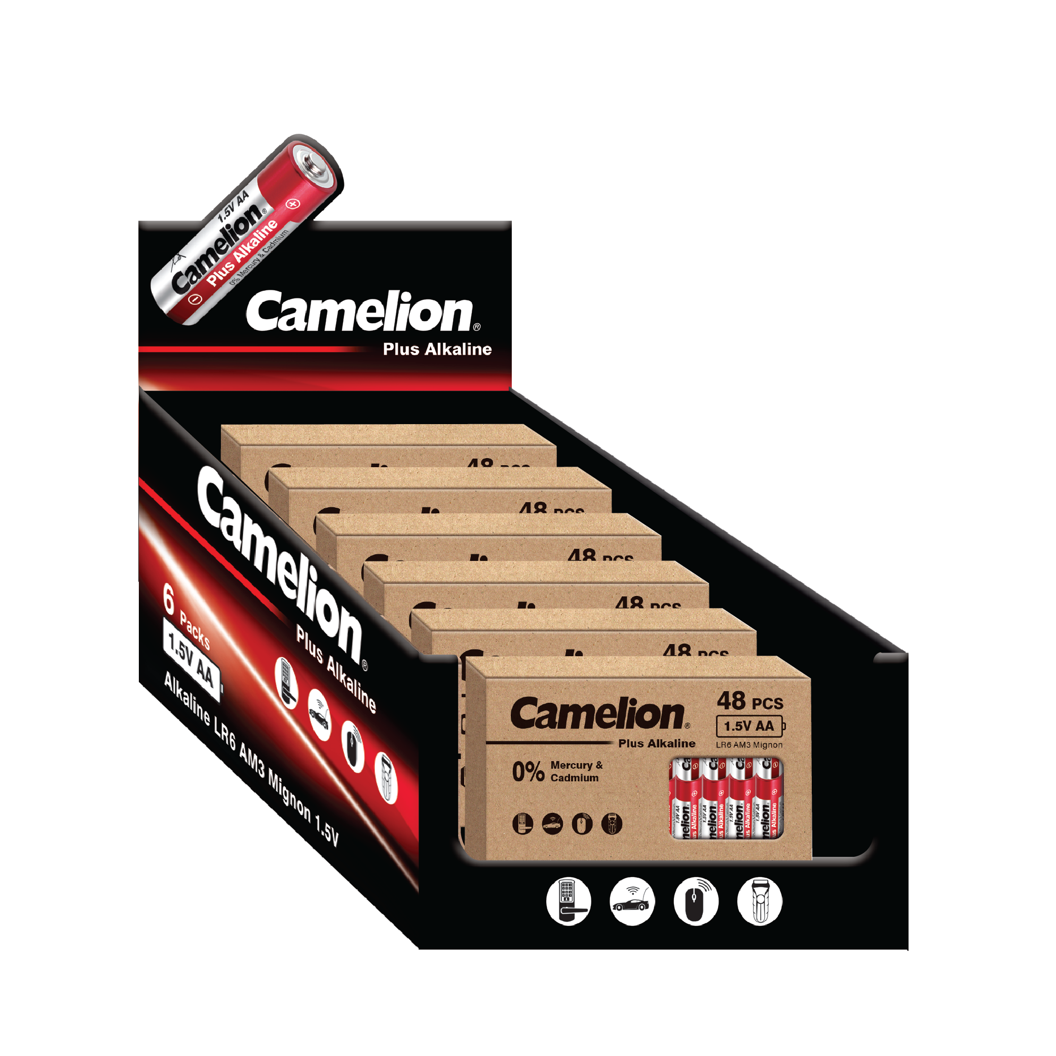 Camelion AA Plus Alkaline 48pk Cardboard Box Counter Display Of 6