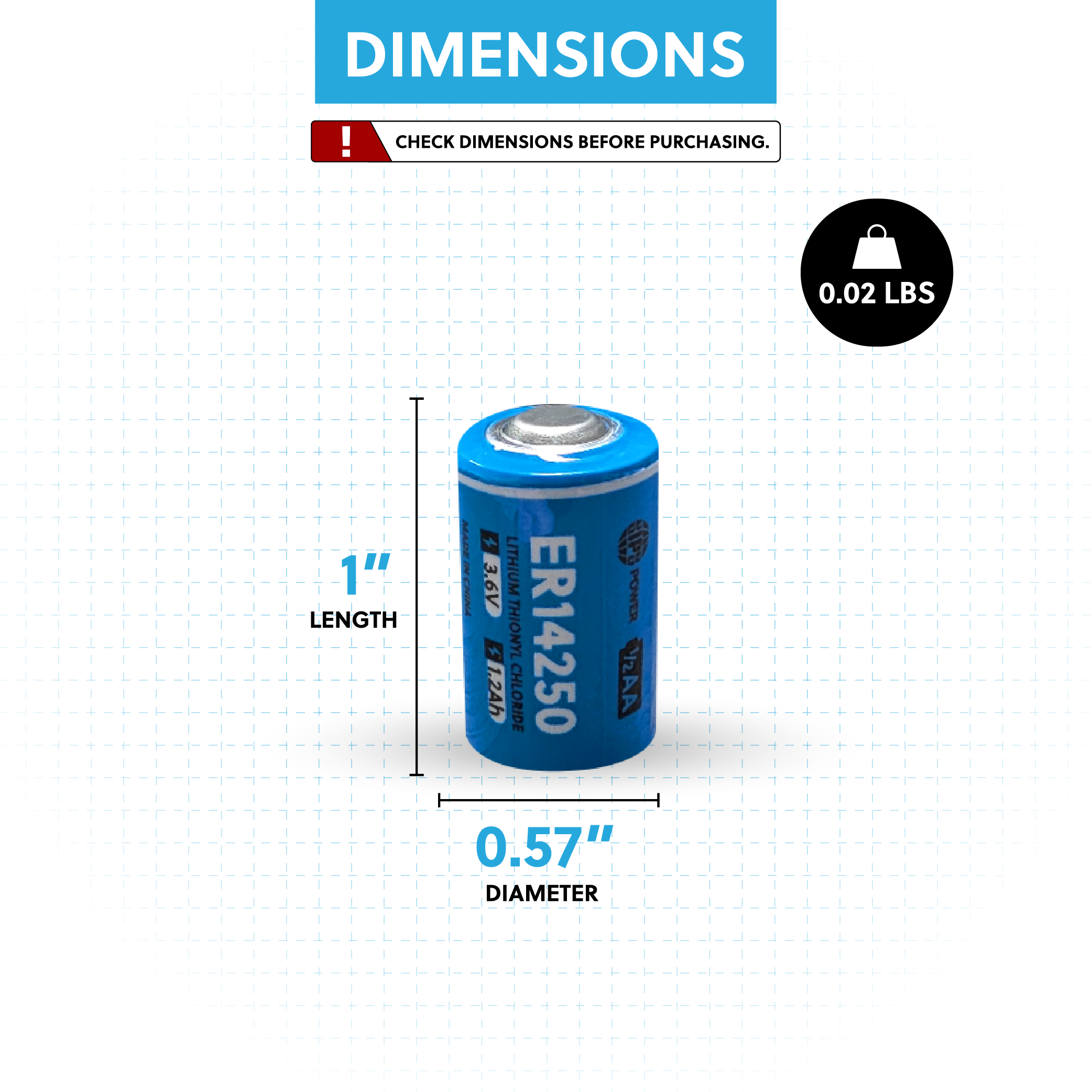 IP Power ER14250 1/2AA Size 3.6V 1.2Ah Lithium Thionyl Chloride Battery for Specialized Devices - Non Rechargeable