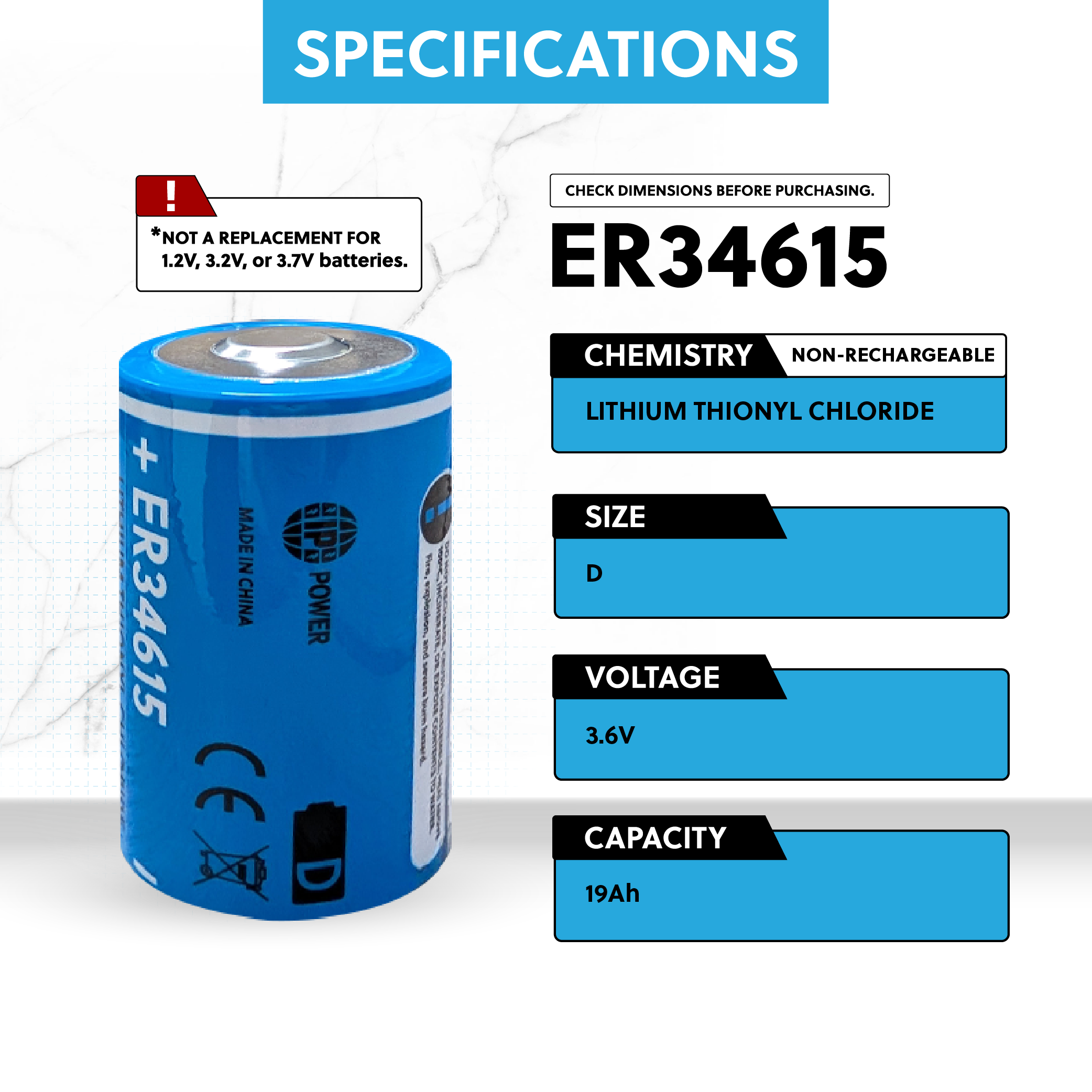 IP Power ER34615 D size 3.6V 19Ah Lithium Primary Battery for Specialized Devices - Non Rechargeable
