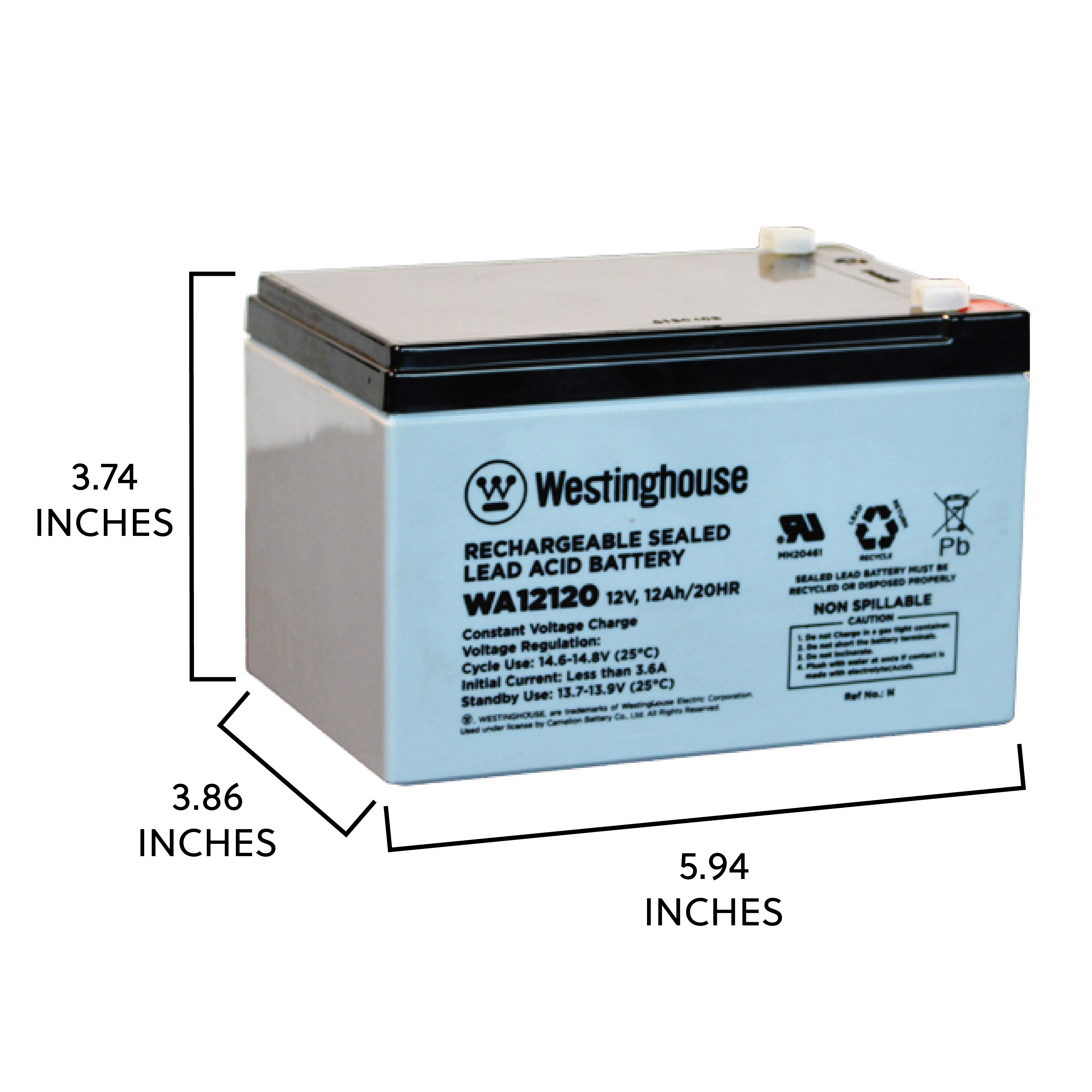 Westinghouse WA12120-F2, 12V 12Ah F2 Terminal Sealed Lead Acid Rechargeable Battery